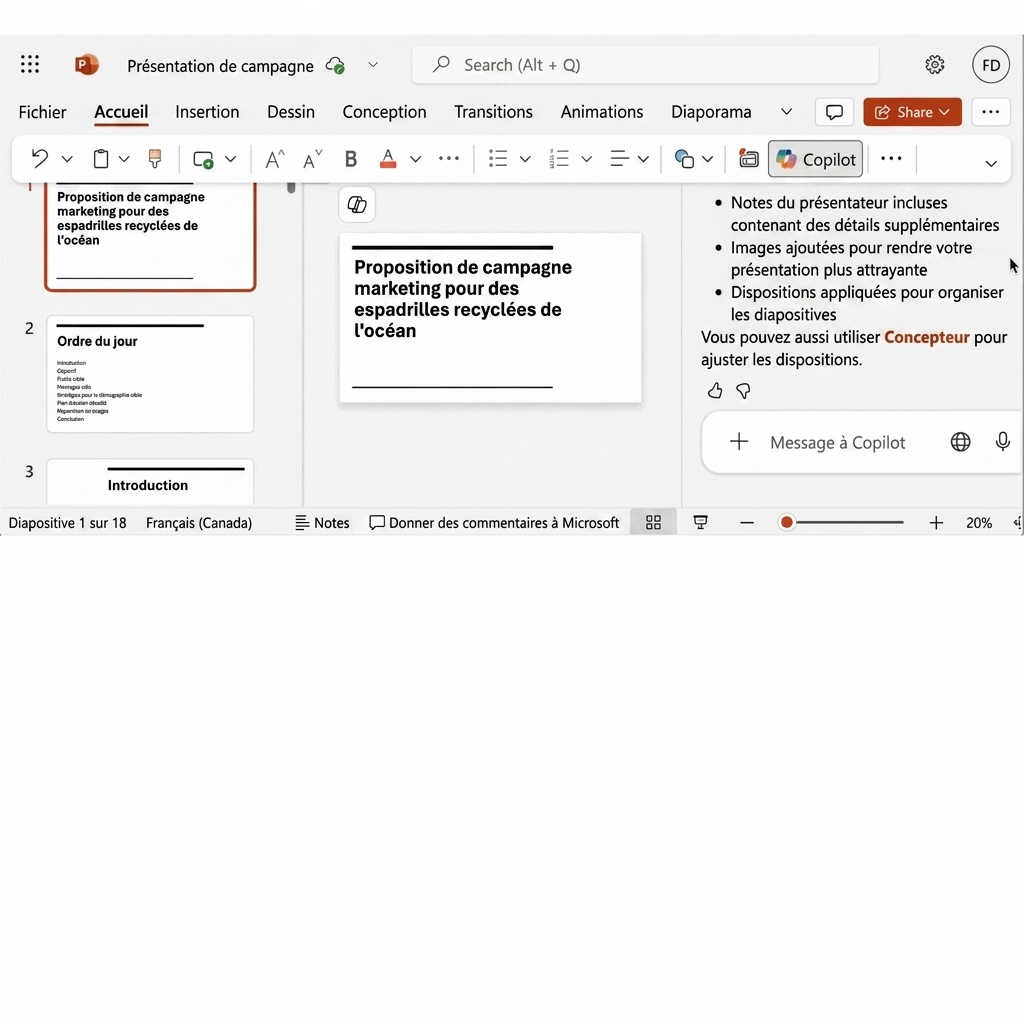 Designer propose diverses options pour modifier le thème de la présentation