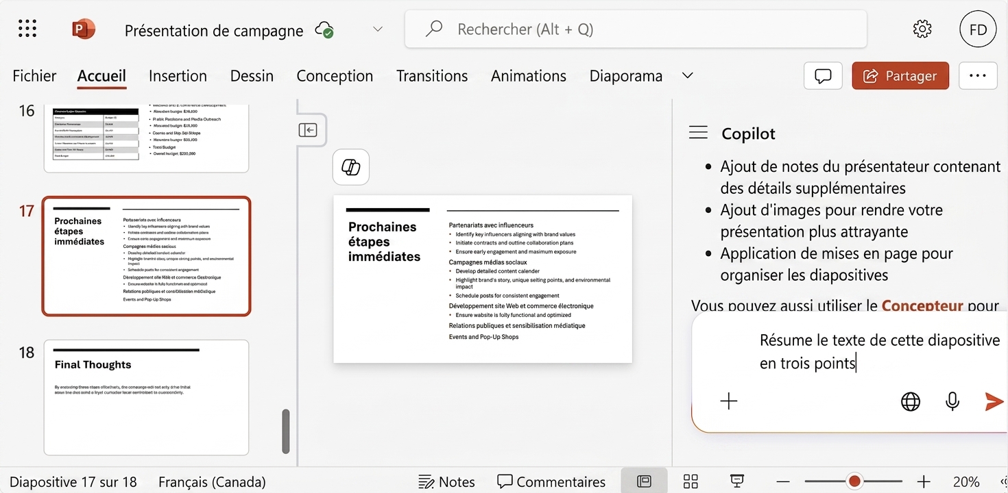 Capture d'écran d'une diapositive PowerPoint avec le clavardage Copilot ouvert sur le côté et une demande de résumer le texte de la diapositive.