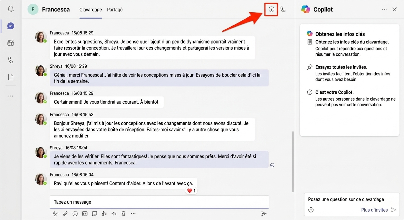 Capture d'écran d'un clavardage Microsoft Teams avec une fenêtre latérale ouverte pour poser des questions à Copilot. Flèche rouge pointant l'icône Copilot