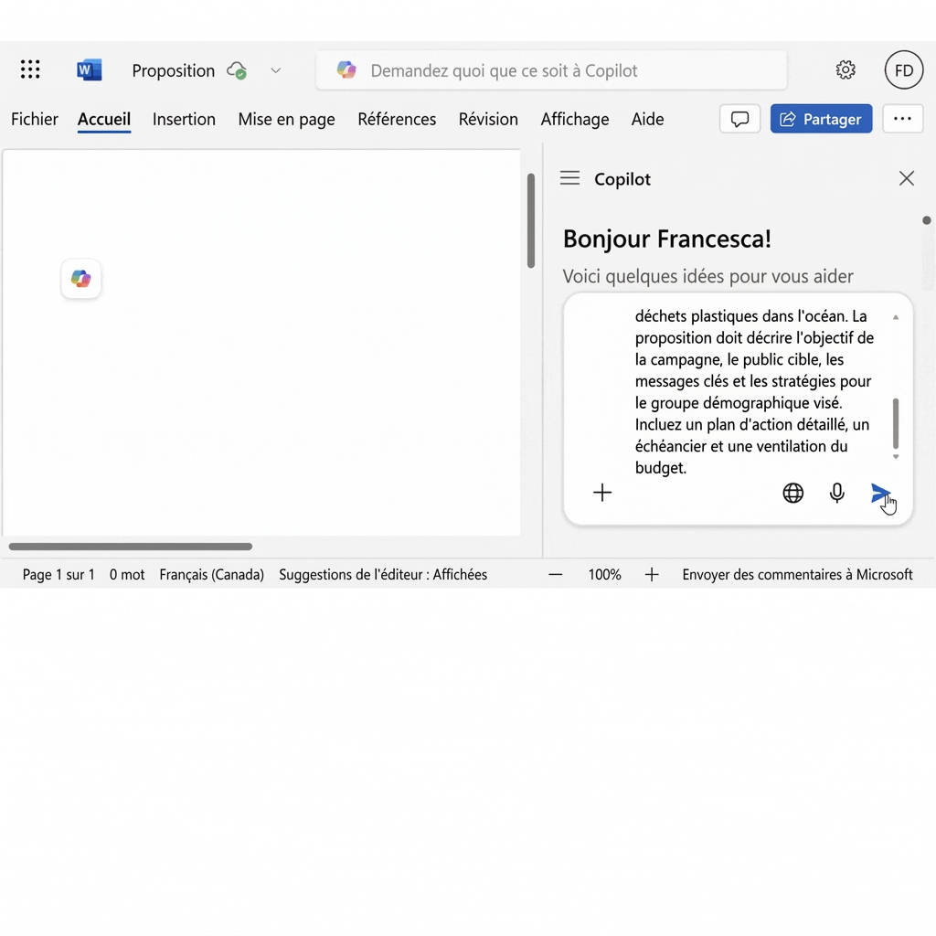 Capture d'un clavardage Copilot demandant de « créer une proposition de projet pour une nouvelle campagne marketing », et du document de proposition généré par Copilot.