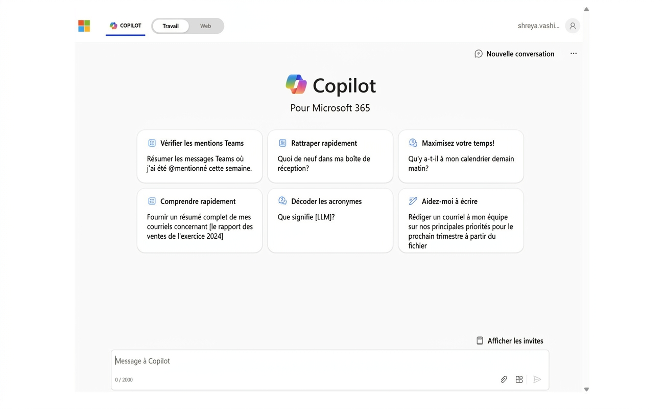 Page d'accueil de Copilot pour Microsoft 365.