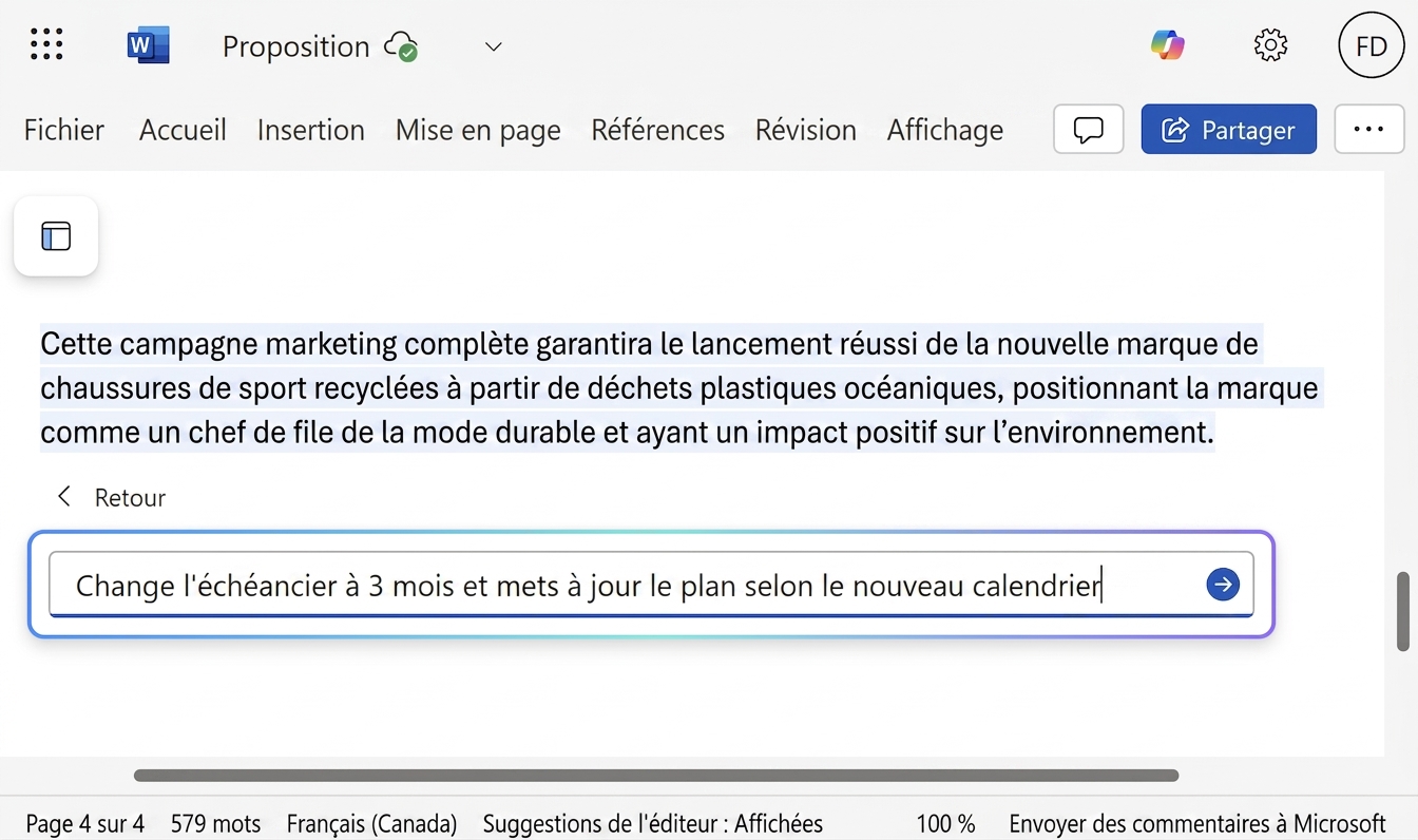 Clavardage Copilot ouvert où l'utilisateur demande de changer les dates.