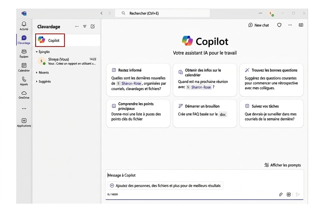 Capture d'écran de Microsoft Teams avec le clavardage Copilot ouvert et l'icône Copilot en haut à gauche encerclée en rouge.