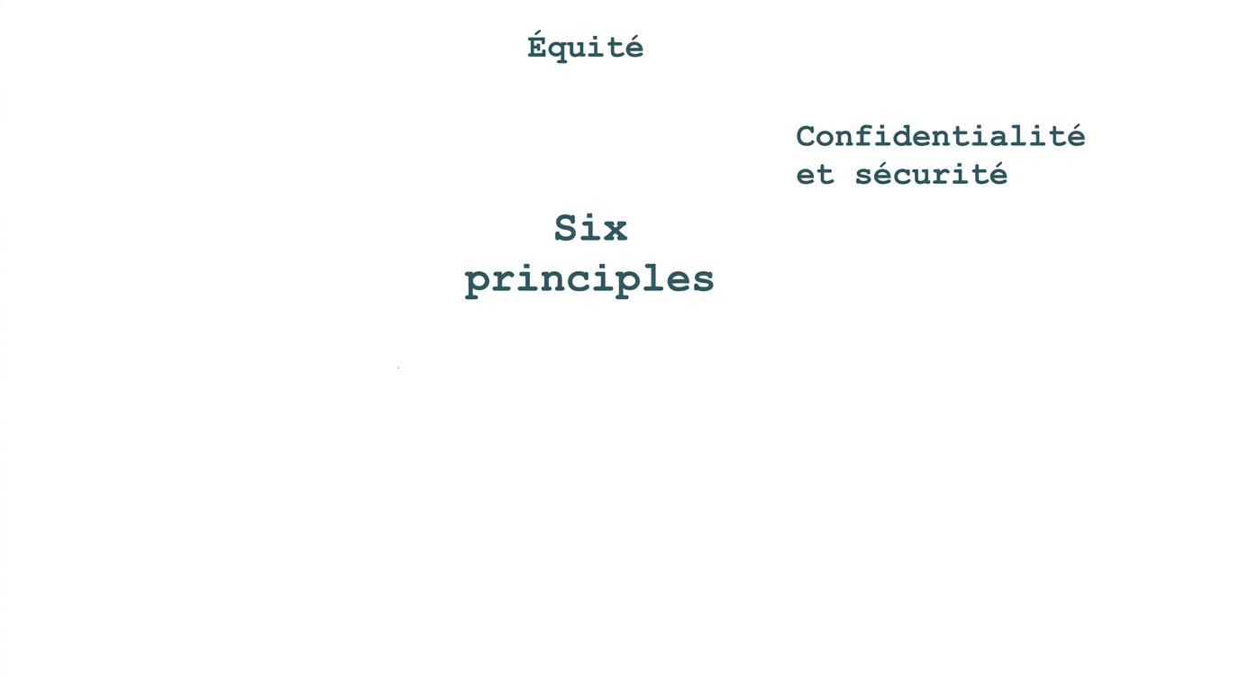 Texte indiquant « six principes », entouré des termes indiquant ces principes : équité, confidentialité et sécurité