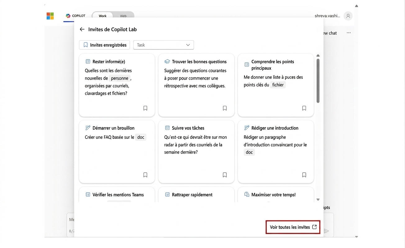 Série d'invites suggérées par Copilot Lab.