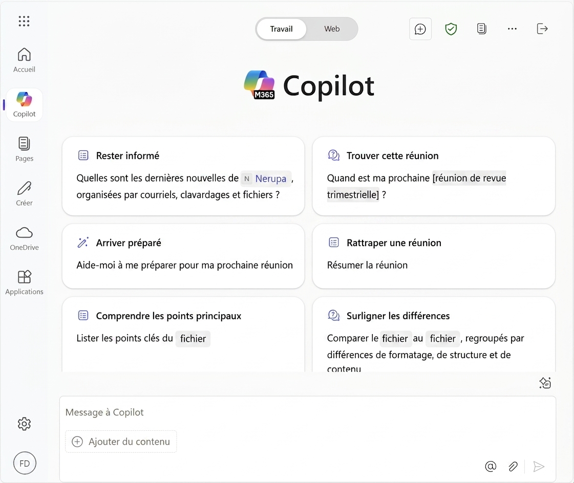 Page d'accueil Copilot pour le travail