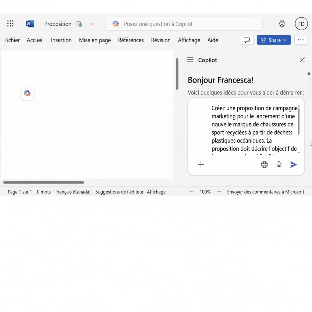 Clavardage Copilot ouvert avec la demande « créer une proposition de projet pour une nouvelle campagne marketing ».