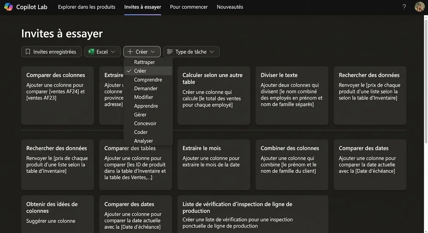 Série d'invites suggérées par Copilot Lab, avec divers filtres déroulants.