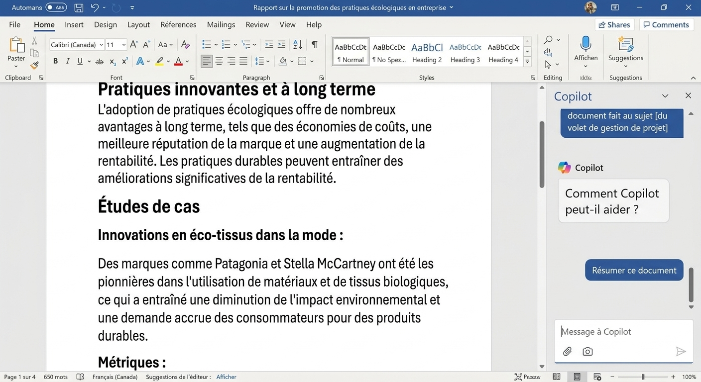 Capture d'un document Word ouvert avec un clavardage Copilot où l'utilisateur demande un résumé du document.
