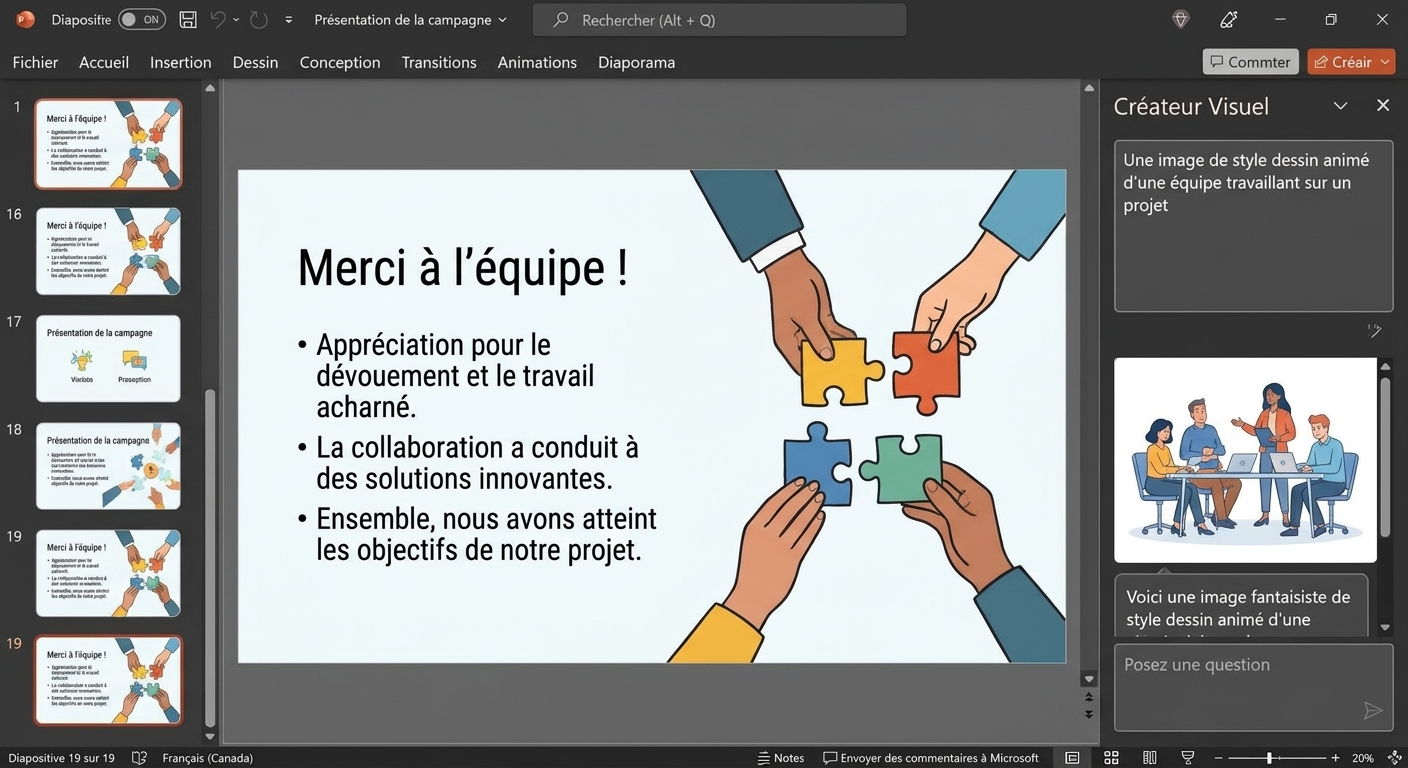 Capture d'écran d'une diapositive PowerPoint avec le clavardage Copilot ouvert affichant la conversation où l'on demande d'organiser les diapositives.