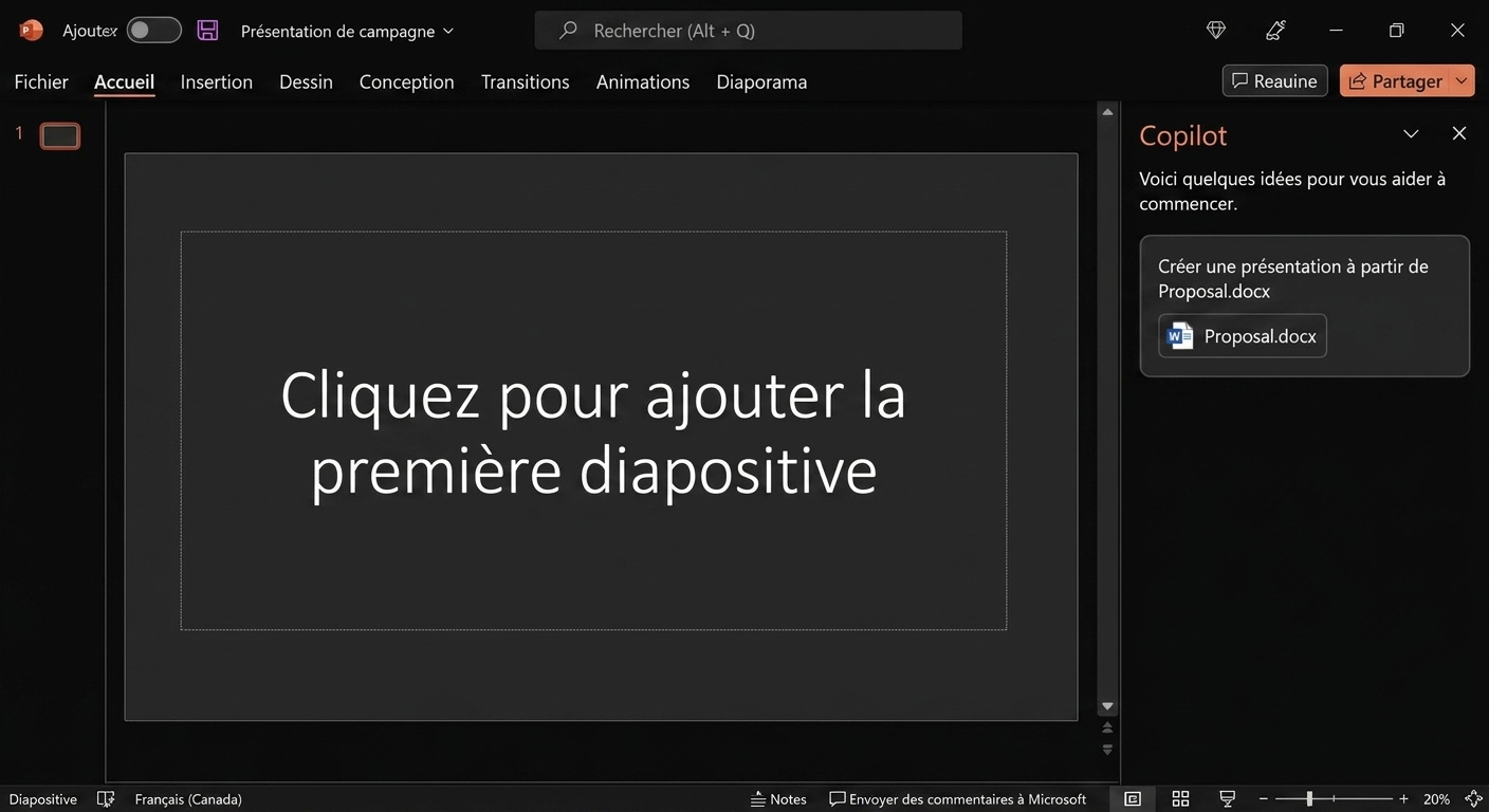 Capture d'écran d'un document PowerPoint vierge avec la fenêtre de clavardage Copilot ouverte sur le côté.