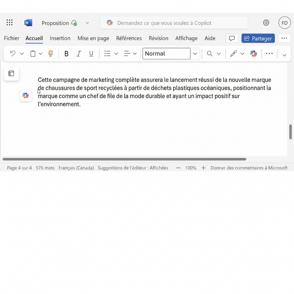 Paragraphe à modifier dans le document, avec différentes options proposées par Copilot