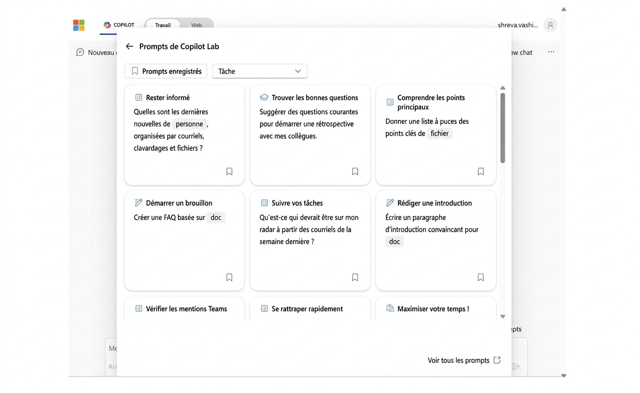 Série d'invites suggérées par Copilot Lab.