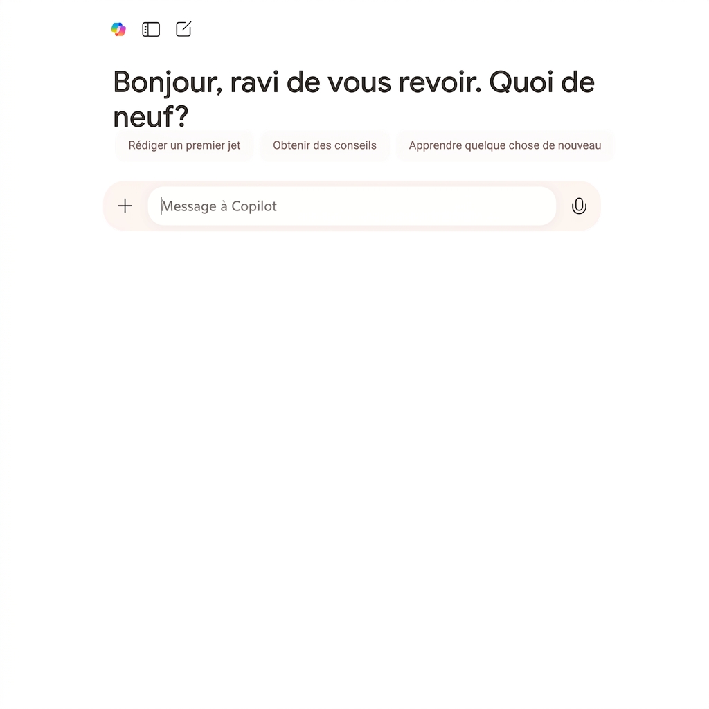 Clavardage Copilot avec un message de bienvenue