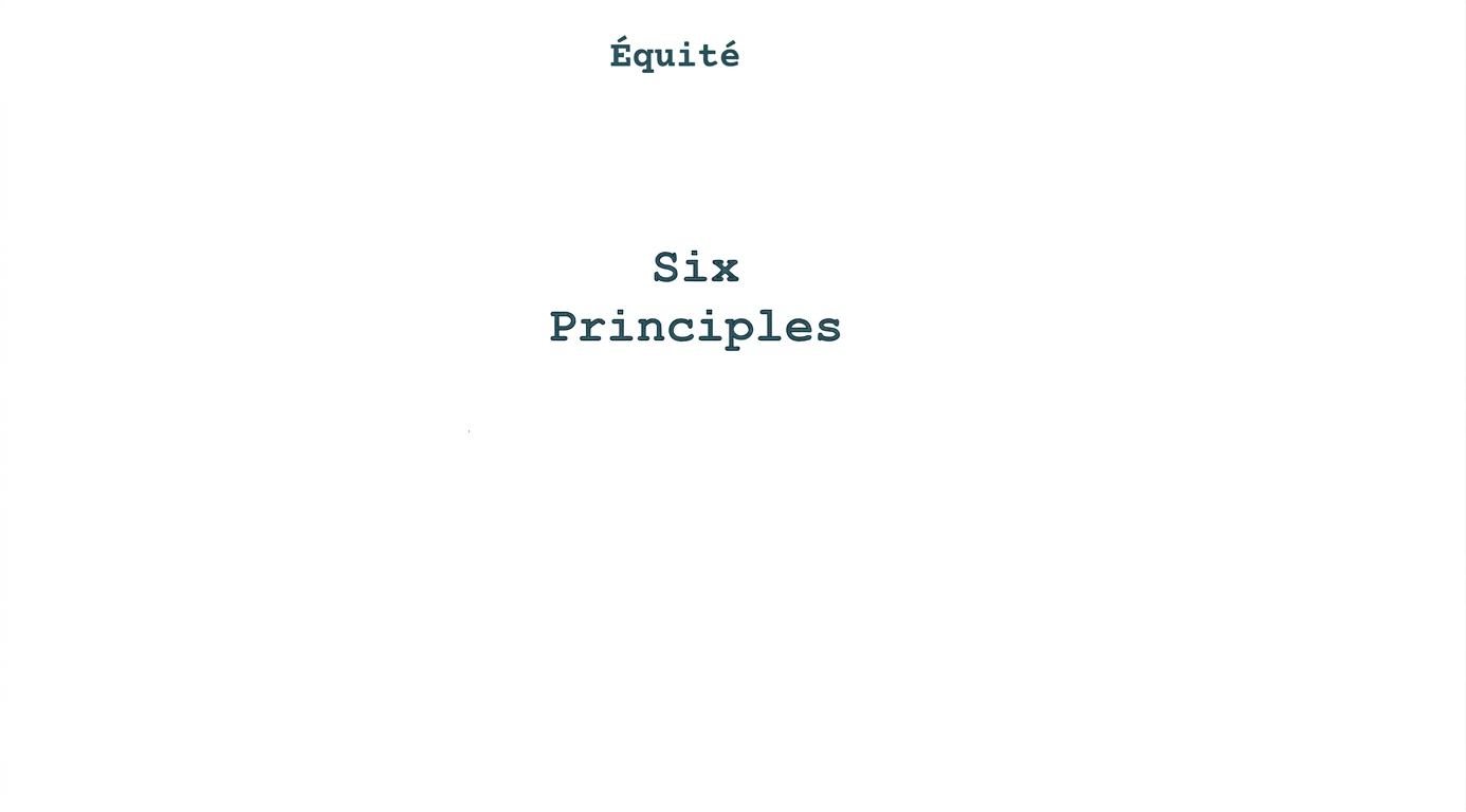 Texte indiquant « six principes », entouré des termes indiquant ces principes : équité