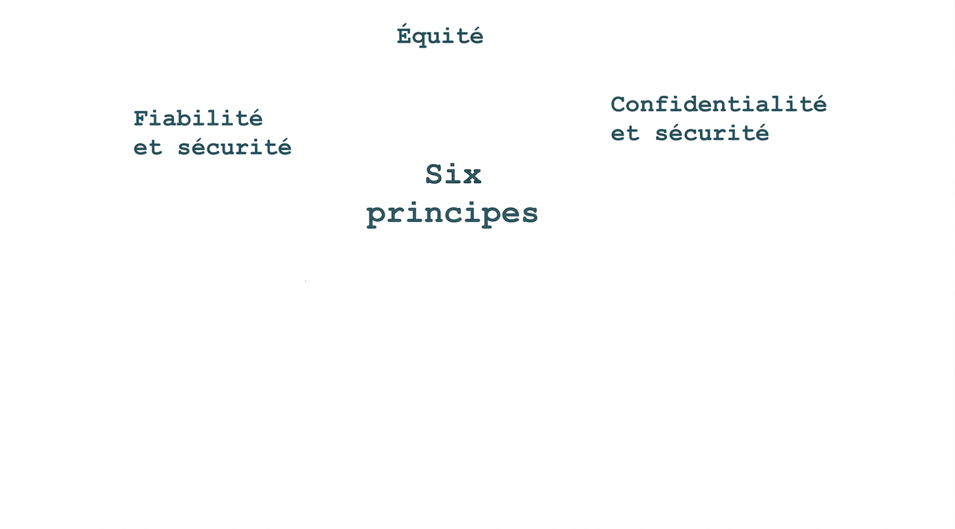 Texte indiquant « six principes », entouré des termes indiquant ces principes : équité, confidentialité et sécurité, fiabilité et sécurité