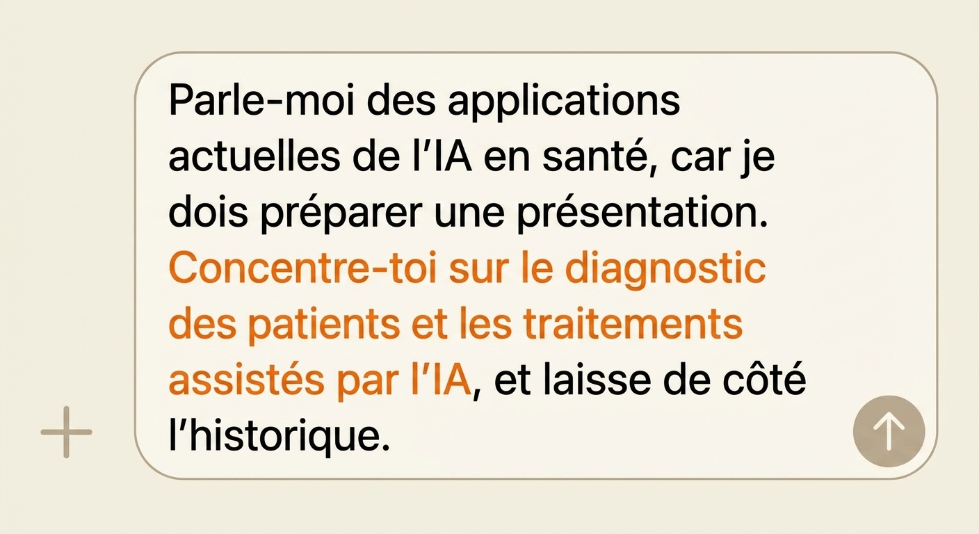 Le texte précise de se concentrer sur le diagnostic des patient·e·s et les traitements propulsés par l'IA, et d'ignorer l'historique de l'IA