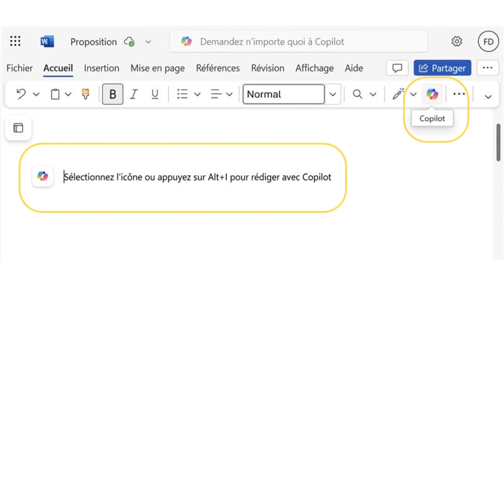 Capture d'un document Word vide avec « appuyez sur ALT+I pour rédiger avec Copilot » et l'icône Copilot en surbrillance