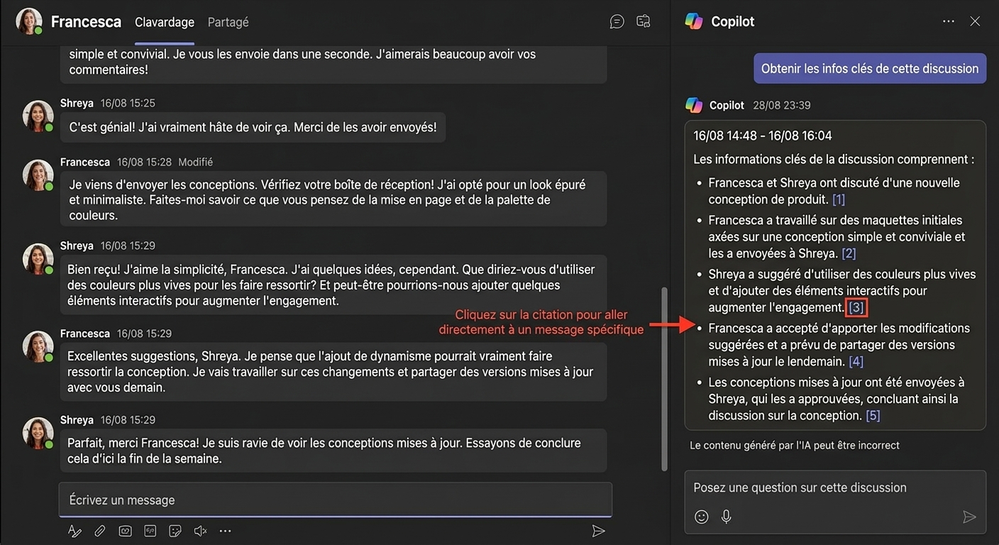 Capture d'écran d'un clavardage Microsoft Teams avec une fenêtre latérale affichant la réponse de Copilot et une flèche rouge pointant une référence menant au message original.