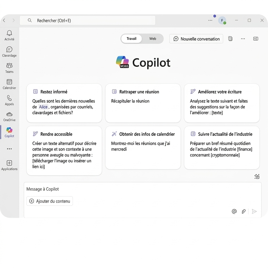 Interface Copilot pour Microsoft 365 présentant diverses options de productivité, comme optimiser le temps, comprendre les courriels et l'aide à la rédaction pour des tâches professionnelles.