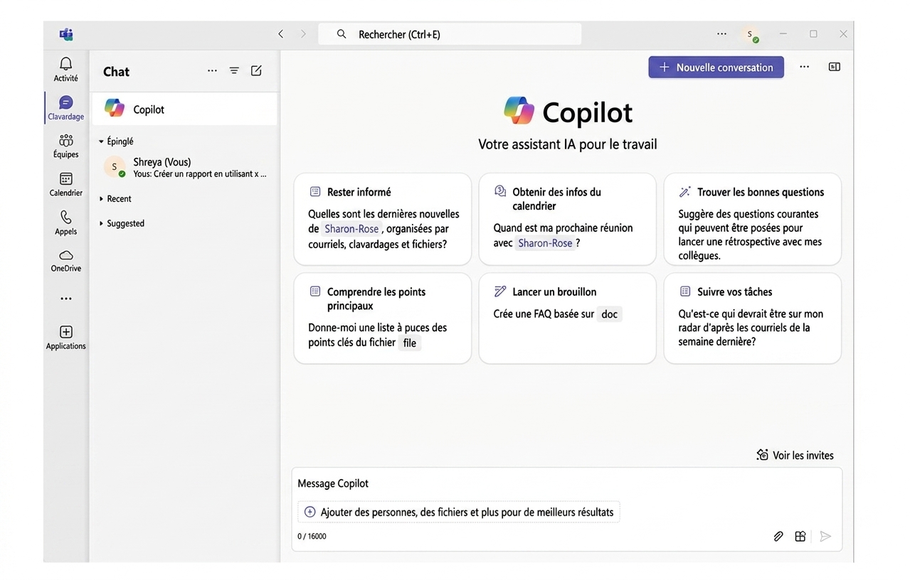 Capture d'écran de Microsoft Teams avec le clavardage Copilot ouvert.