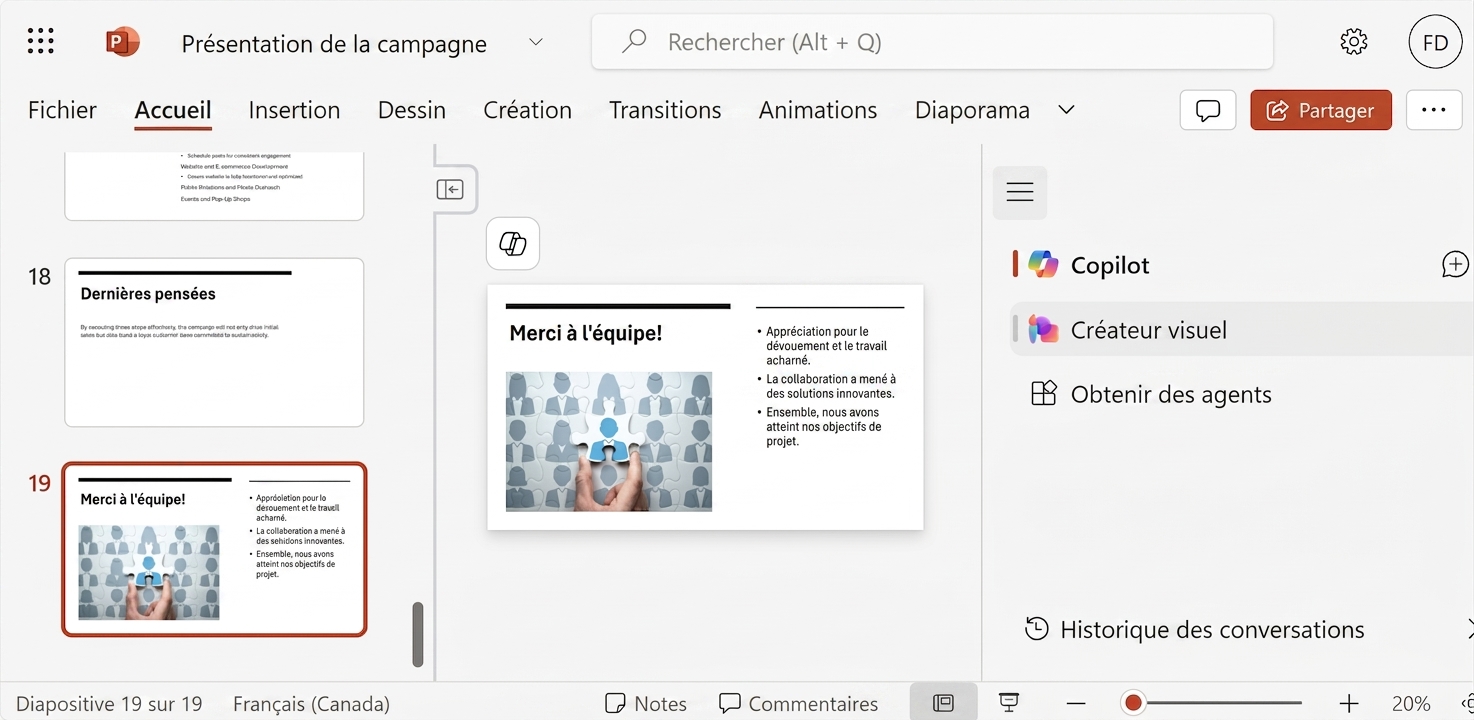 Capture d'écran d'une diapositive PowerPoint avec le clavardage Copilot ouvert affichant la conversation où l'on demande d'organiser les diapositives.