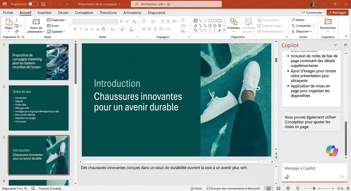 Démonstration de Copilot créant une présentation à partir d'un fichier existant comme point de départ.