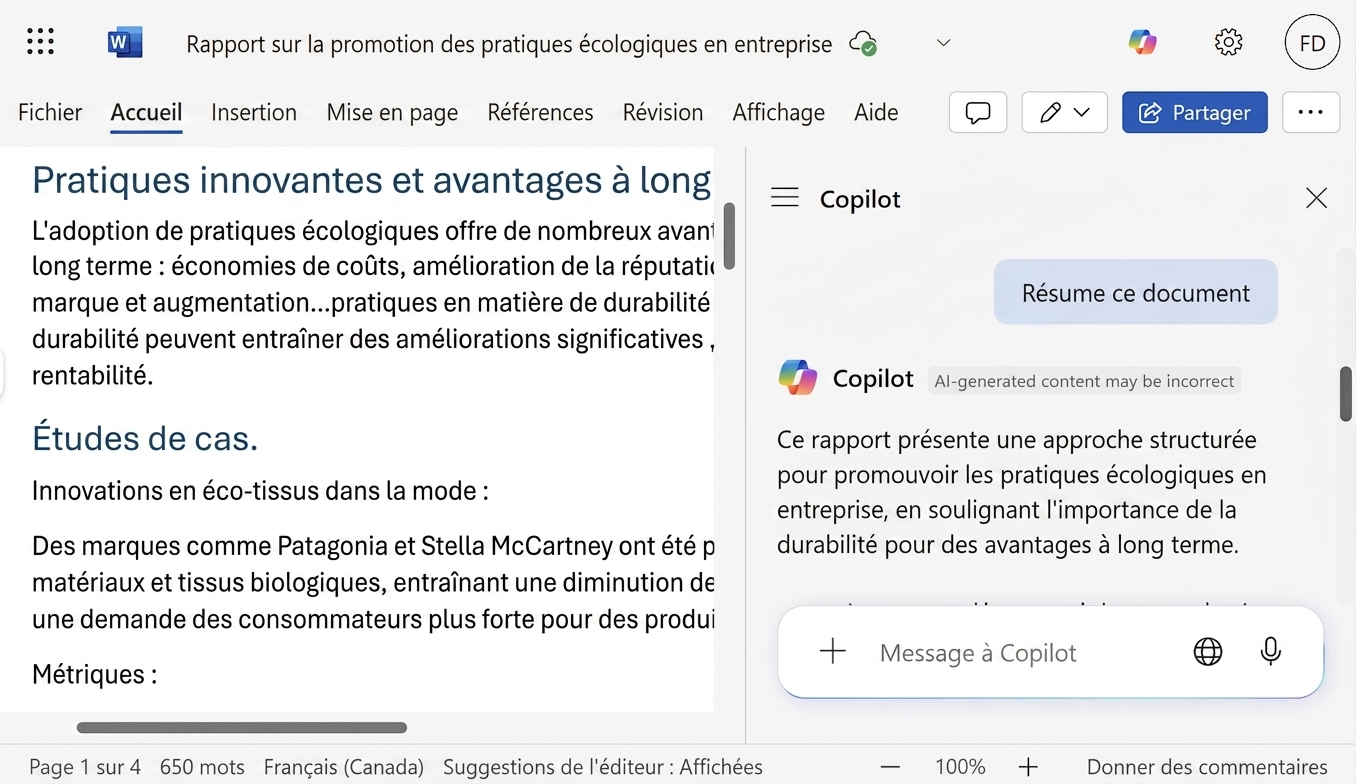 Capture d'un document Word ouvert avec un clavardage Copilot fournissant un résumé du document.
