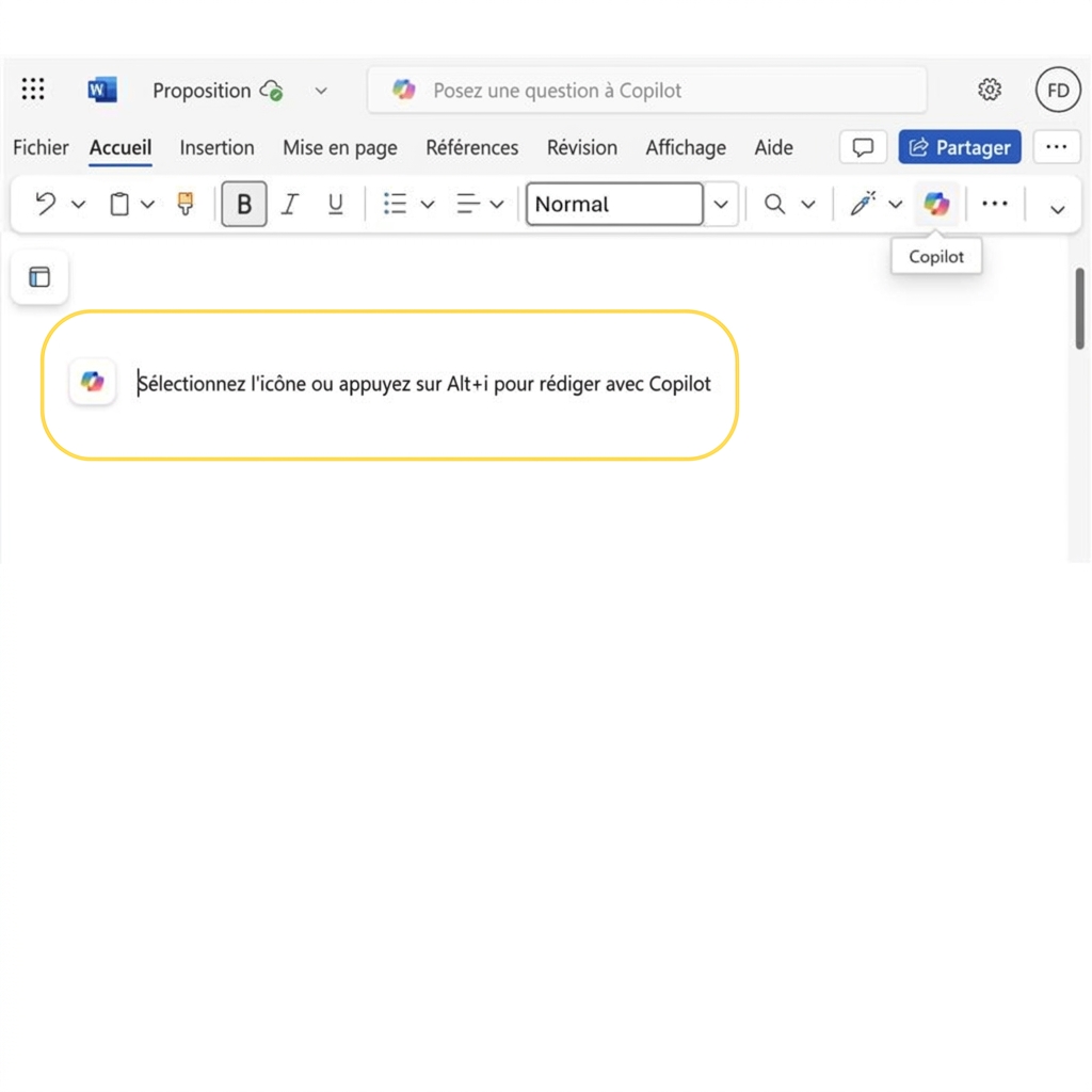 Capture d'un document Word vide avec « appuyez sur ALT+I pour rédiger avec Copilot » en surbrillance