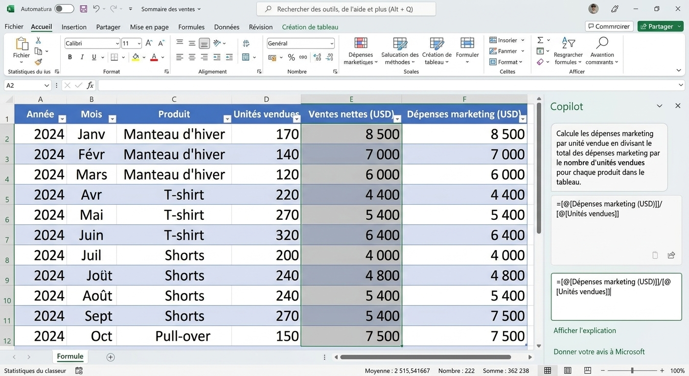 Document Excel ouvert avec des données de produits vestimentaires et une fenêtre de clavardage Copilot affichant le résultat de la formule.