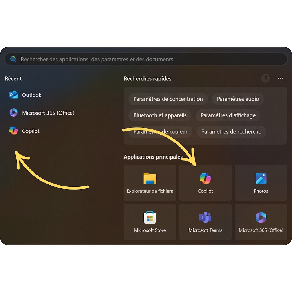 Barre de recherche Windows avec des flèches pointant vers les icônes Copilot