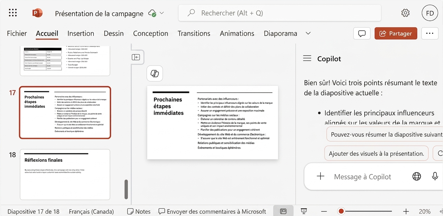 Capture d'écran d'une diapositive PowerPoint avec le clavardage Copilot ouvert affichant la conversation avec une personne utilisatrice.