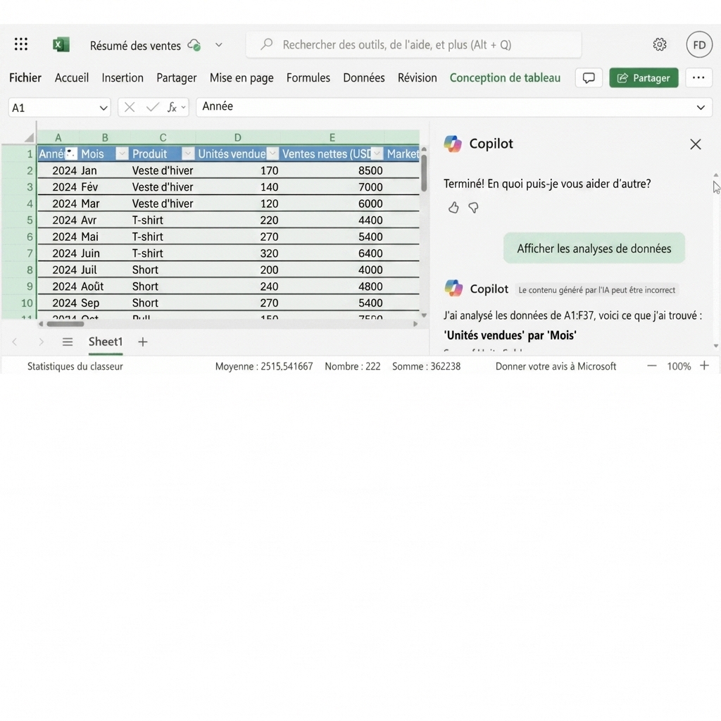 Document Excel ouvert montrant des graphiques créés avec Copilot.