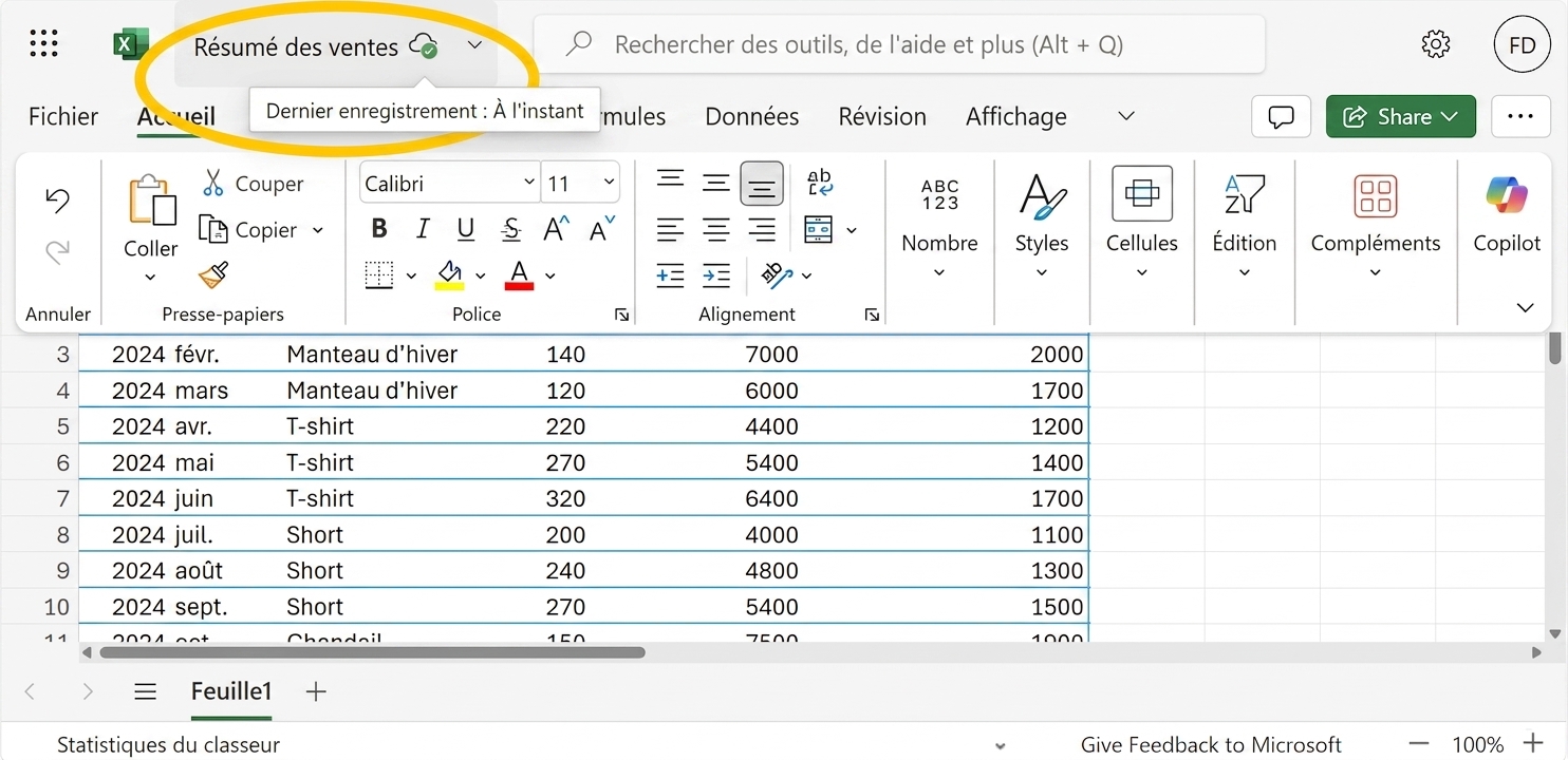 Feuille Excel avec l'enregistrement automatique mis en évidence.