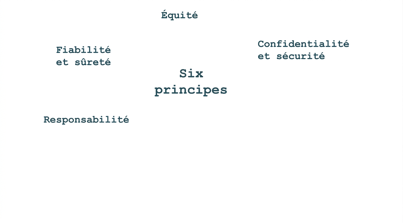 Texte indiquant « six principes », entouré des termes indiquant ces principes : équité, confidentialité et sécurité, fiabilité et sécurité, imputabilité