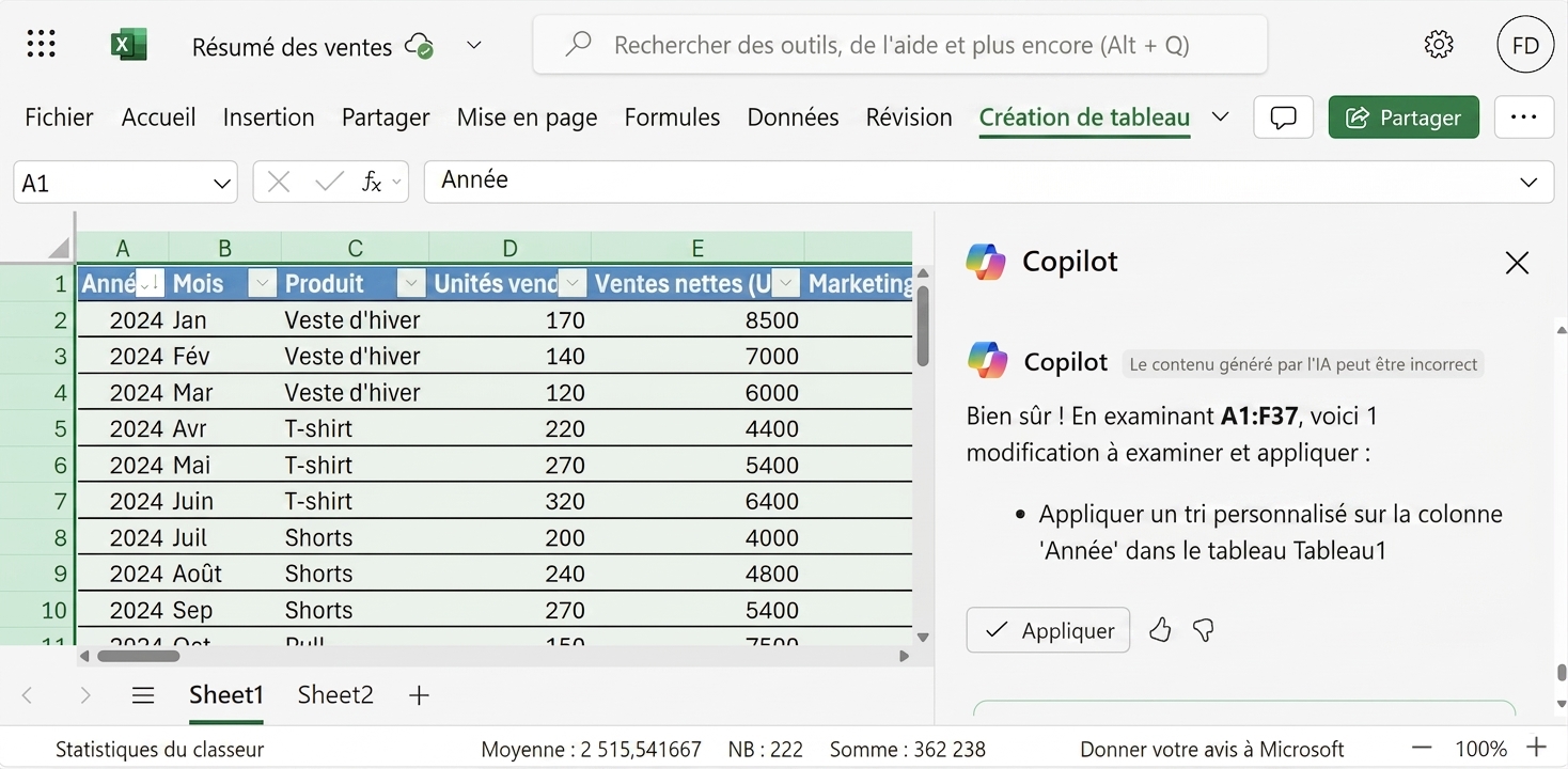 Document Excel ouvert avec des données de produits vestimentaires et une fenêtre de clavardage Copilot où l'utilisateur demande de trier par la colonne Year.