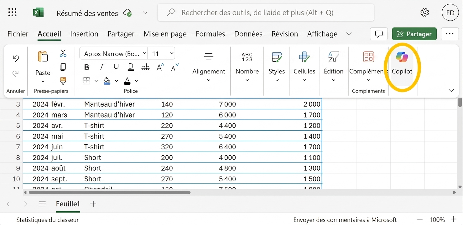 Feuille Excel ouverte avec l'icône Copilot mise en évidence.