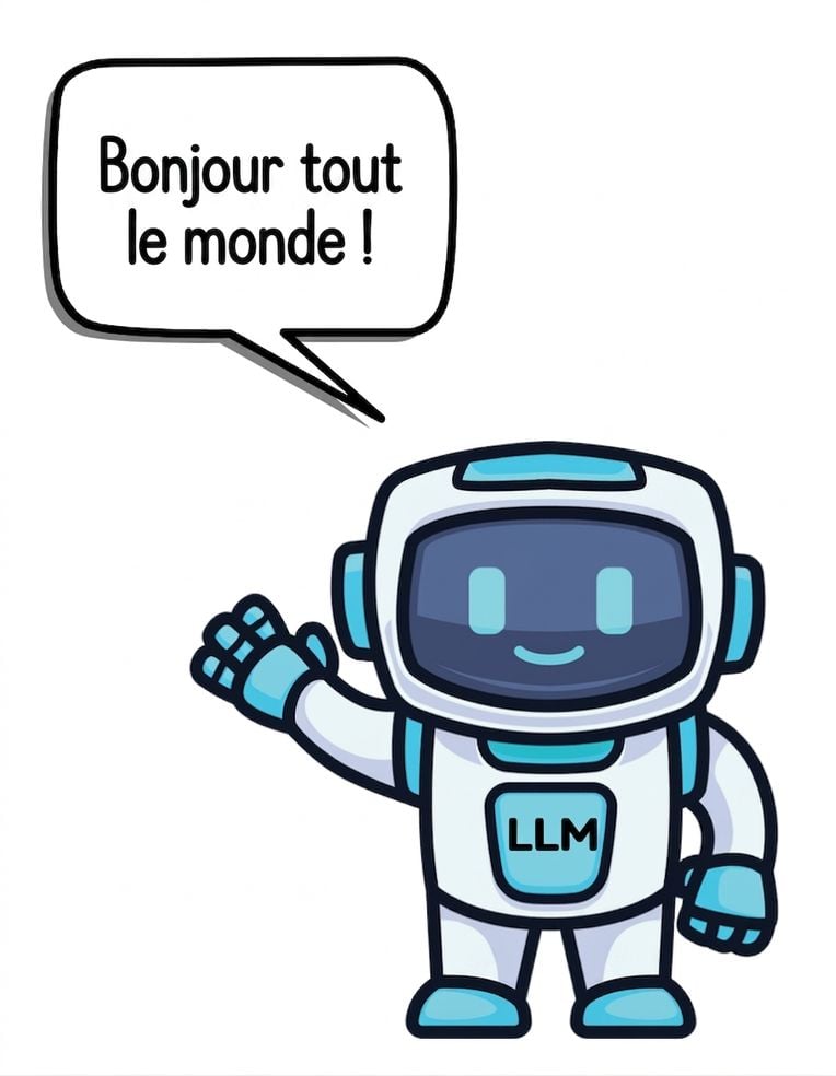 Un robot faisant coucou qui dit hello world. Le robot a llm écrit sur son torse.