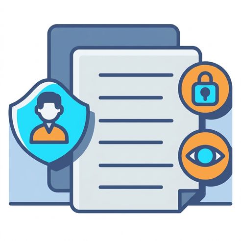 Illustration d'un document avec des boucliers (cadenas, œil) pour indiquer la confidentialité et la sécurité