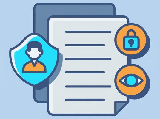 Illustration d'un document avec plusieurs icônes, comme un cadenas et un œil, pour représenter les considérations