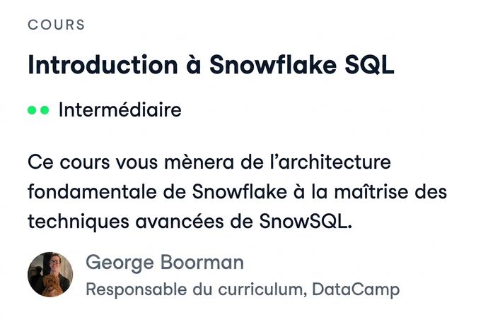 Capture d'écran du cours Introduction to Snowflake SQL de DataCamp