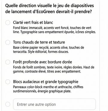 Copilot demande quelle direction visuelle donner au diaporama EcoGreen, avec quatre styles décrits au choix