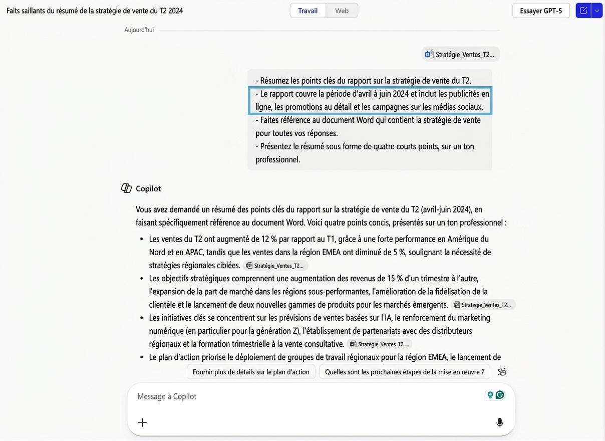 Capture d'écran où Copilot résume un rapport de ventes, avec l'instruction Context sur les types de campagnes mise en évidence