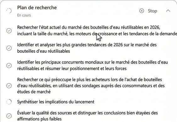 L'agent Researcher exécutant son plan de recherche transparent en plusieurs étapes