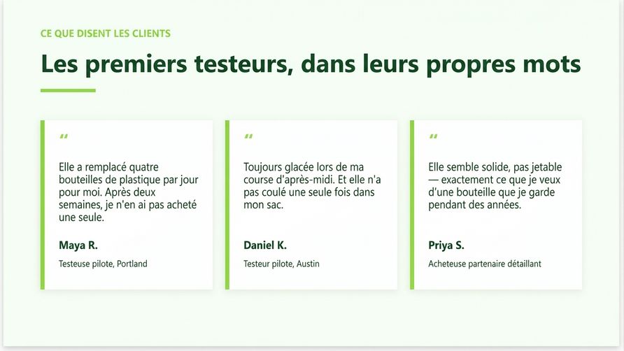 Diapositive de témoignages ajoutée par Copilot, avec trois encadrés de citation cohérents avec la marque
