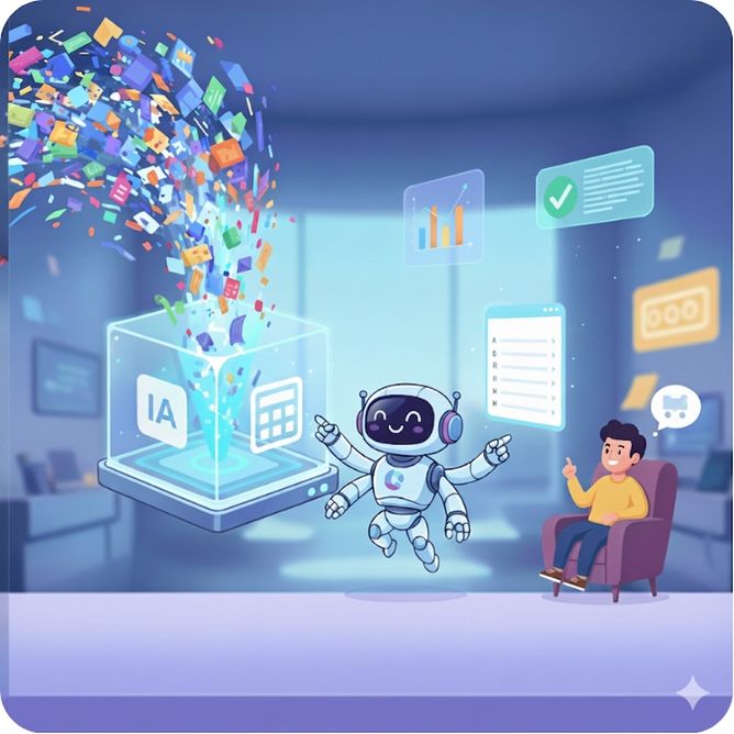 Illustration d'un robot nommé « Copilot » à côté d'un cube lumineux marqué « AI », avec des icônes de données colorées y affluant, symbolisant la capacité de Copilot à traiter des CSV, des tableaux et des listes