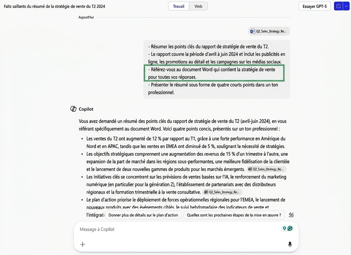 Capture d'écran où Copilot résume un rapport de ventes, avec l'instruction Source pour référencer le document Word mise en évidence