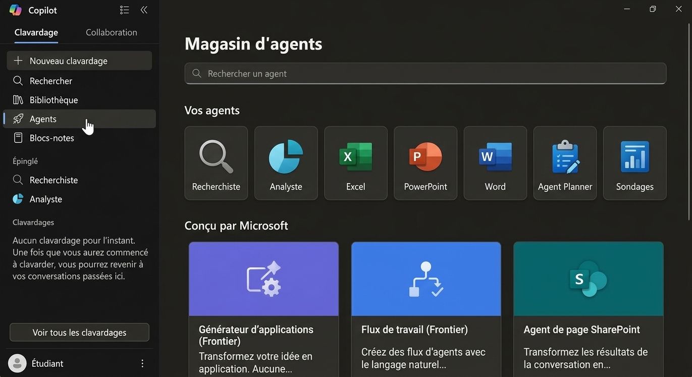 La boutique d'agents dans Copilot, montrant Researcher et Analyst parmi les agents intégrés