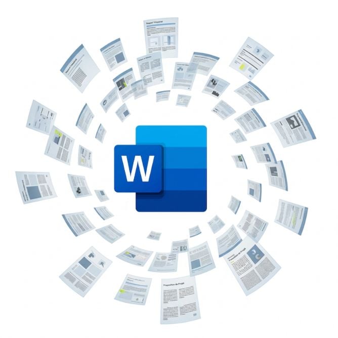 Logo de Microsoft Word entouré de pages flottantes, symbolisant la création et la gestion de contenu dans Word et PowerPoint