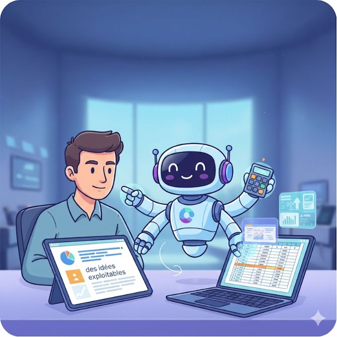 Illustration d'une personne travaillant avec un robot convivial analysant des feuilles de calcul et des graphiques, symbolisant Copilot qui aide à dégager des insights